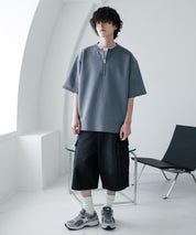 接触冷感 オーバーサイズダンボールハーフジップ半袖プルオーバーTシャツ 15624