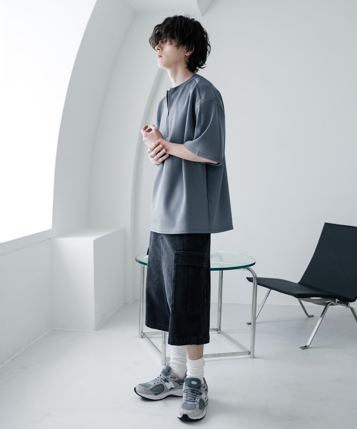 FOURBARS ヴィンテージ　黒 半袖プルオーバー　ハーフジップ　レザーシャツ 接触冷感 オーバーサイズダンボールハーフジップ半袖プルオーバーT