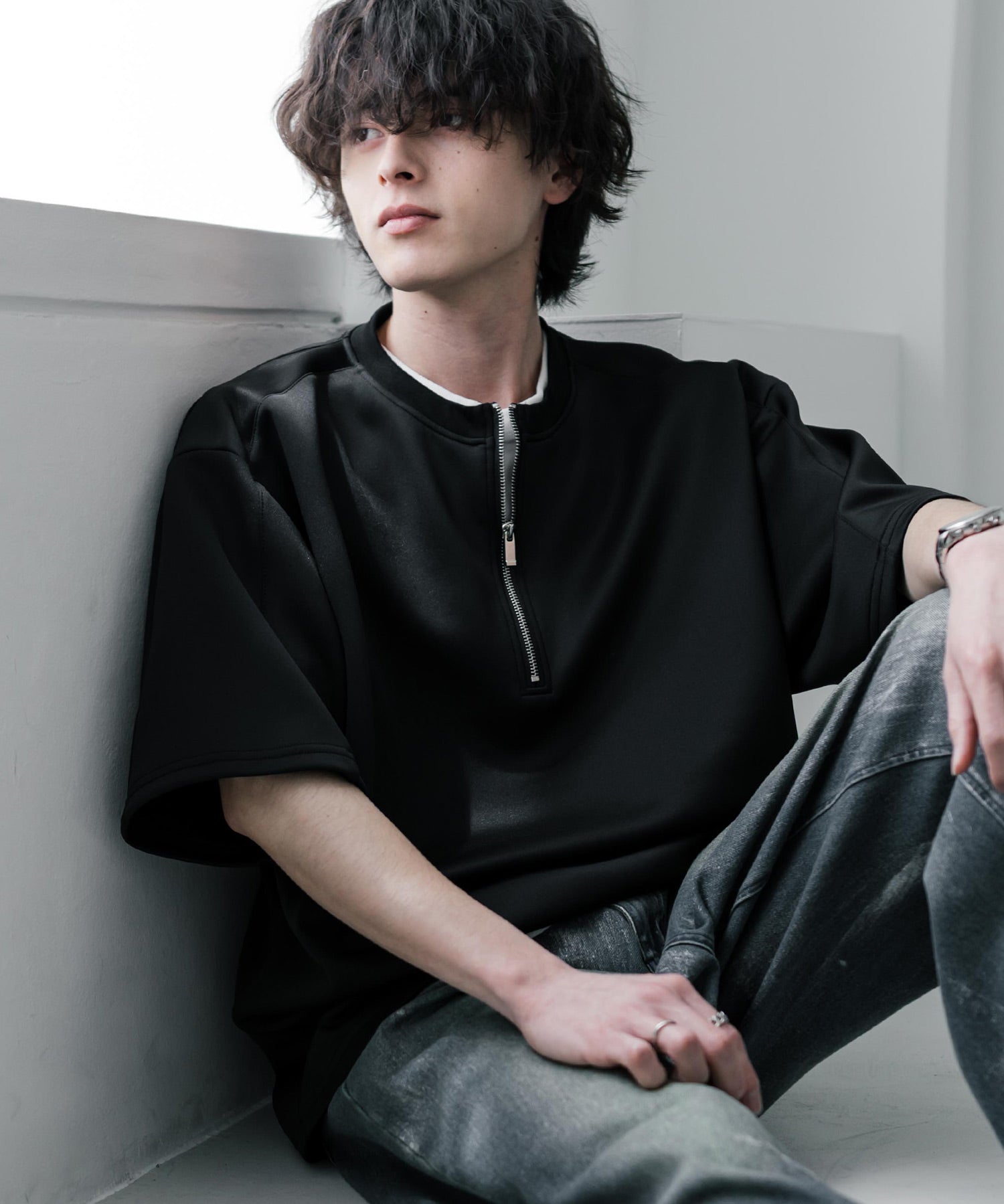 接触冷感 オーバーサイズダンボールハーフジップ半袖プルオーバーTシャツ 15624