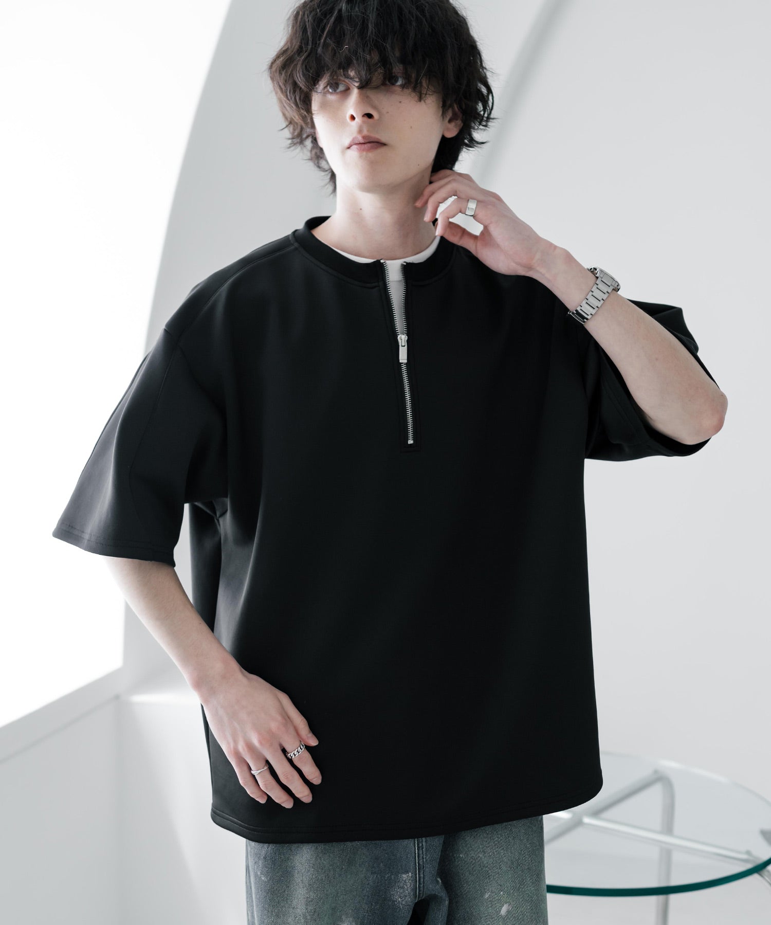 接触冷感 オーバーサイズダンボールハーフジップ半袖プルオーバーTシャツ 15624