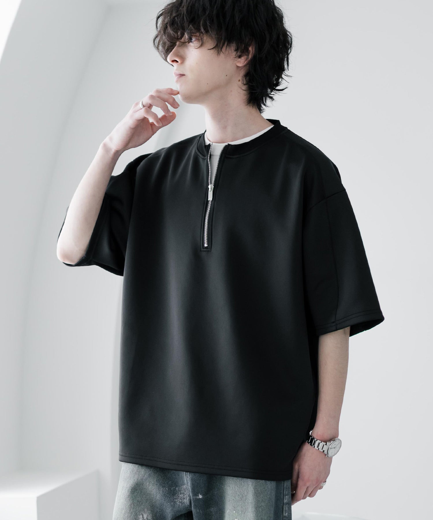 接触冷感 オーバーサイズダンボールハーフジップ半袖プルオーバーTシャツ 15624