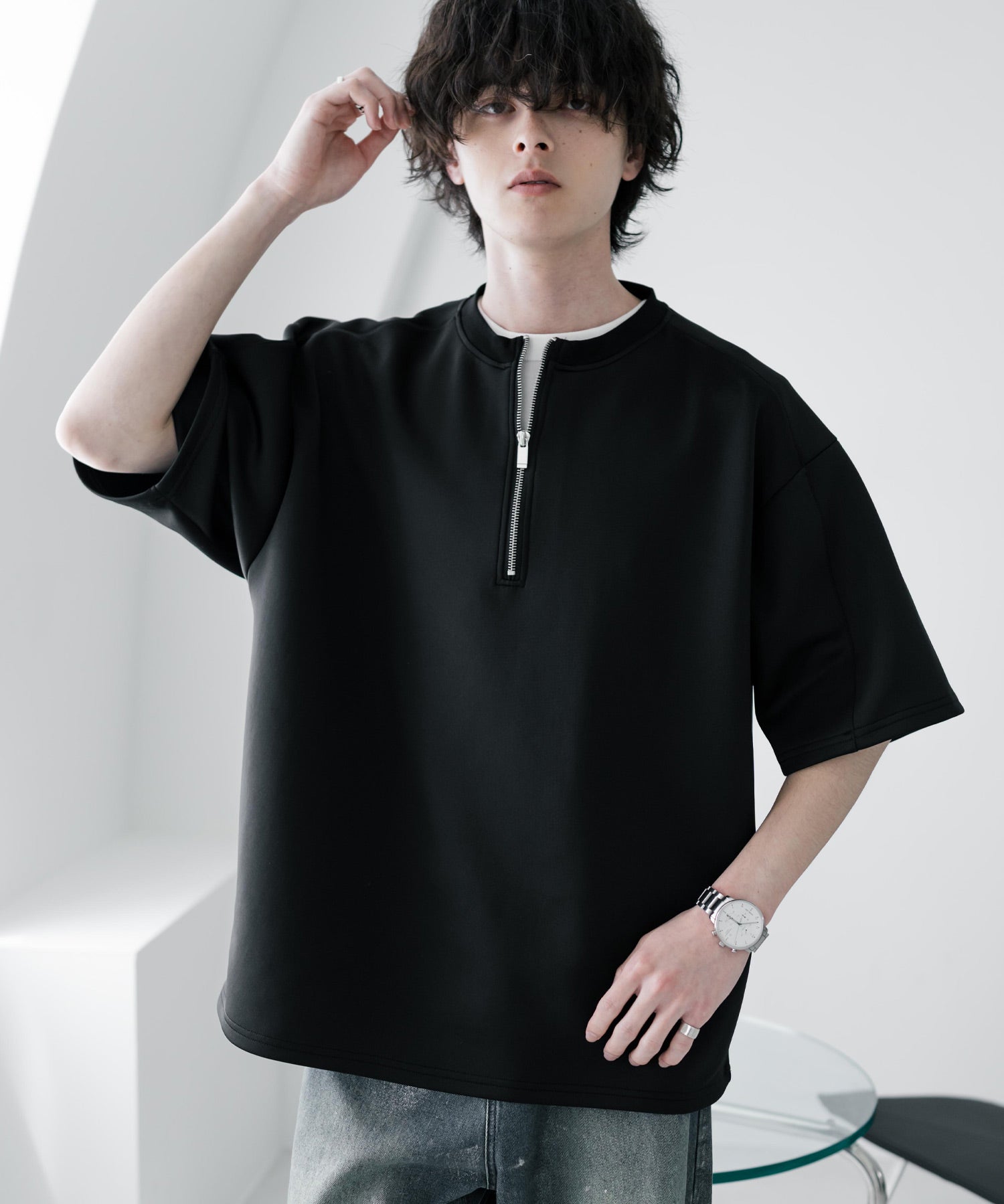 接触冷感 オーバーサイズダンボールハーフジップ半袖プルオーバーTシャツ 15624