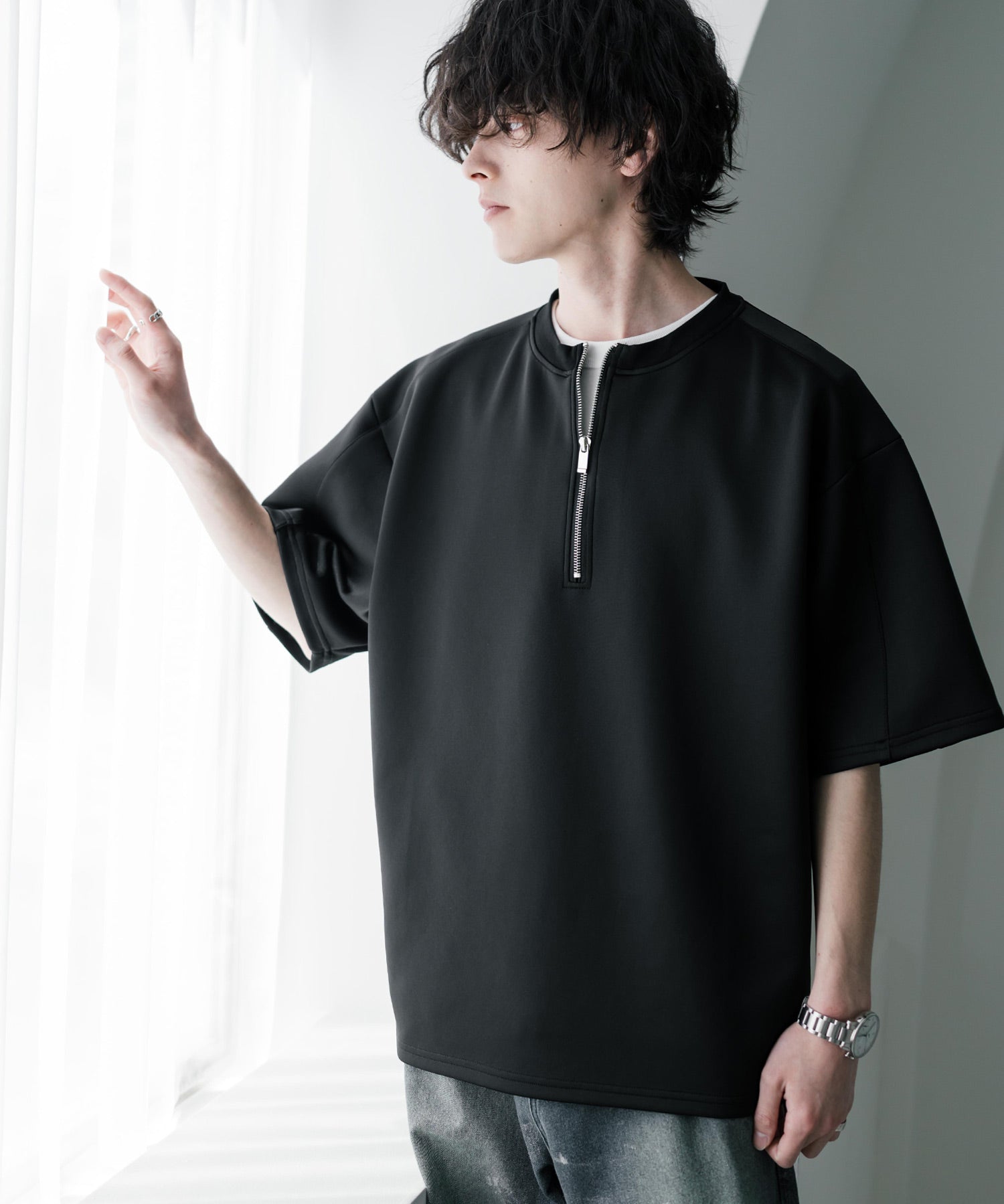 接触冷感 オーバーサイズダンボールハーフジップ半袖プルオーバーTシャツ 15624