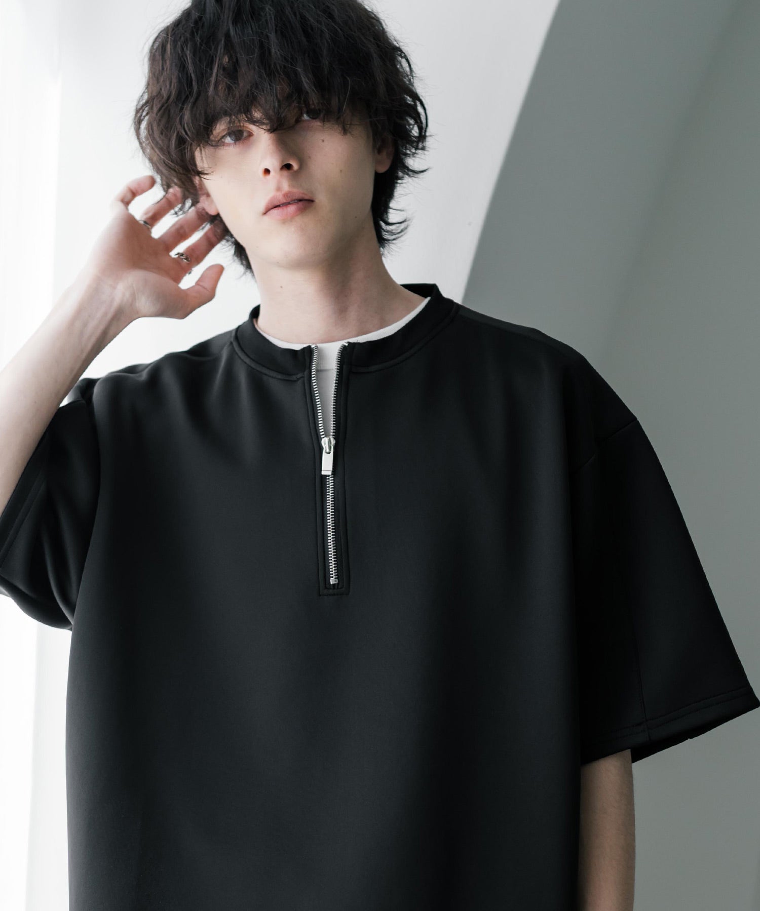 接触冷感 オーバーサイズダンボールハーフジップ半袖プルオーバーTシャツ 15624