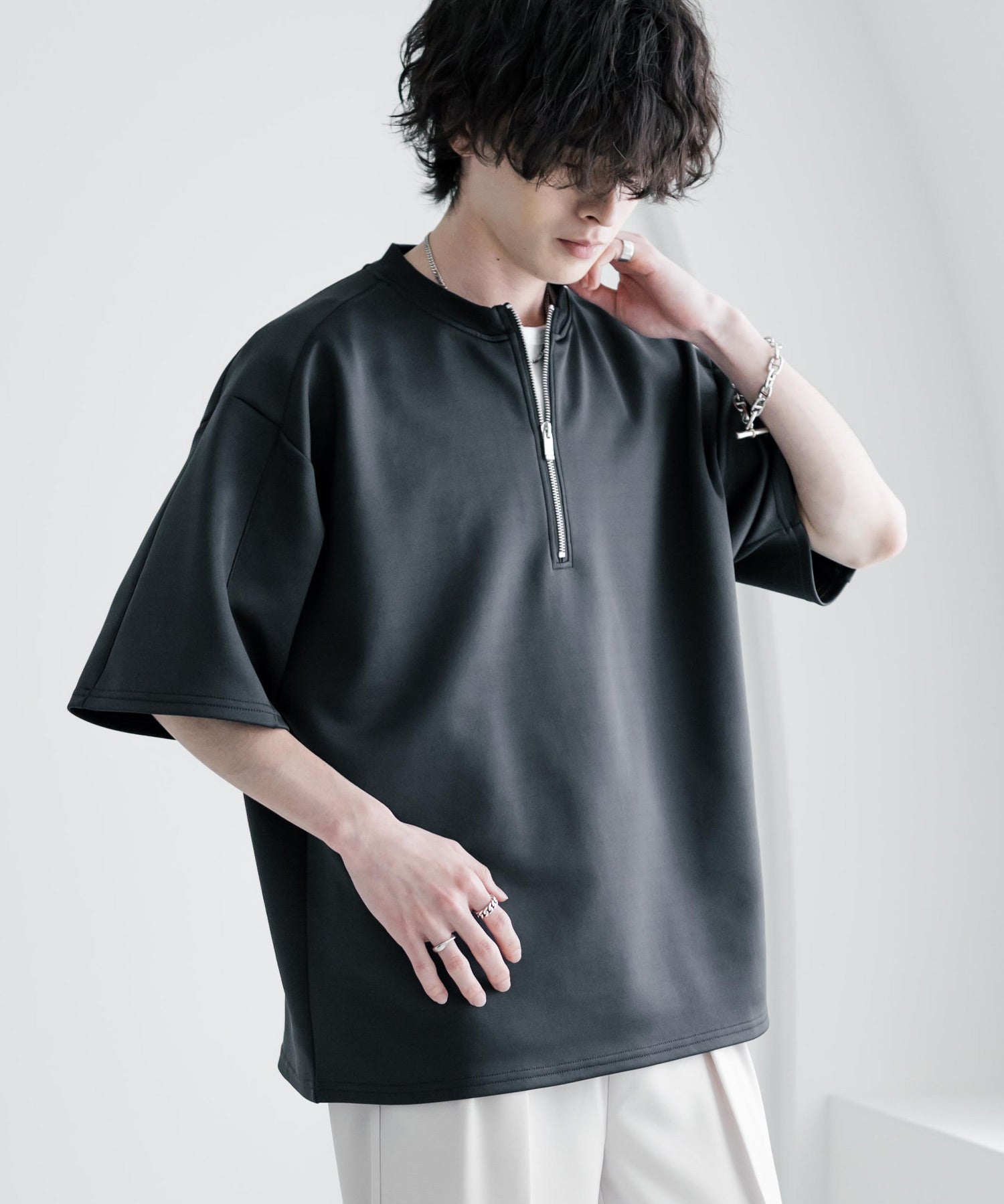 接触冷感 オーバーサイズダンボールハーフジップ半袖プルオーバーTシャツ 15624