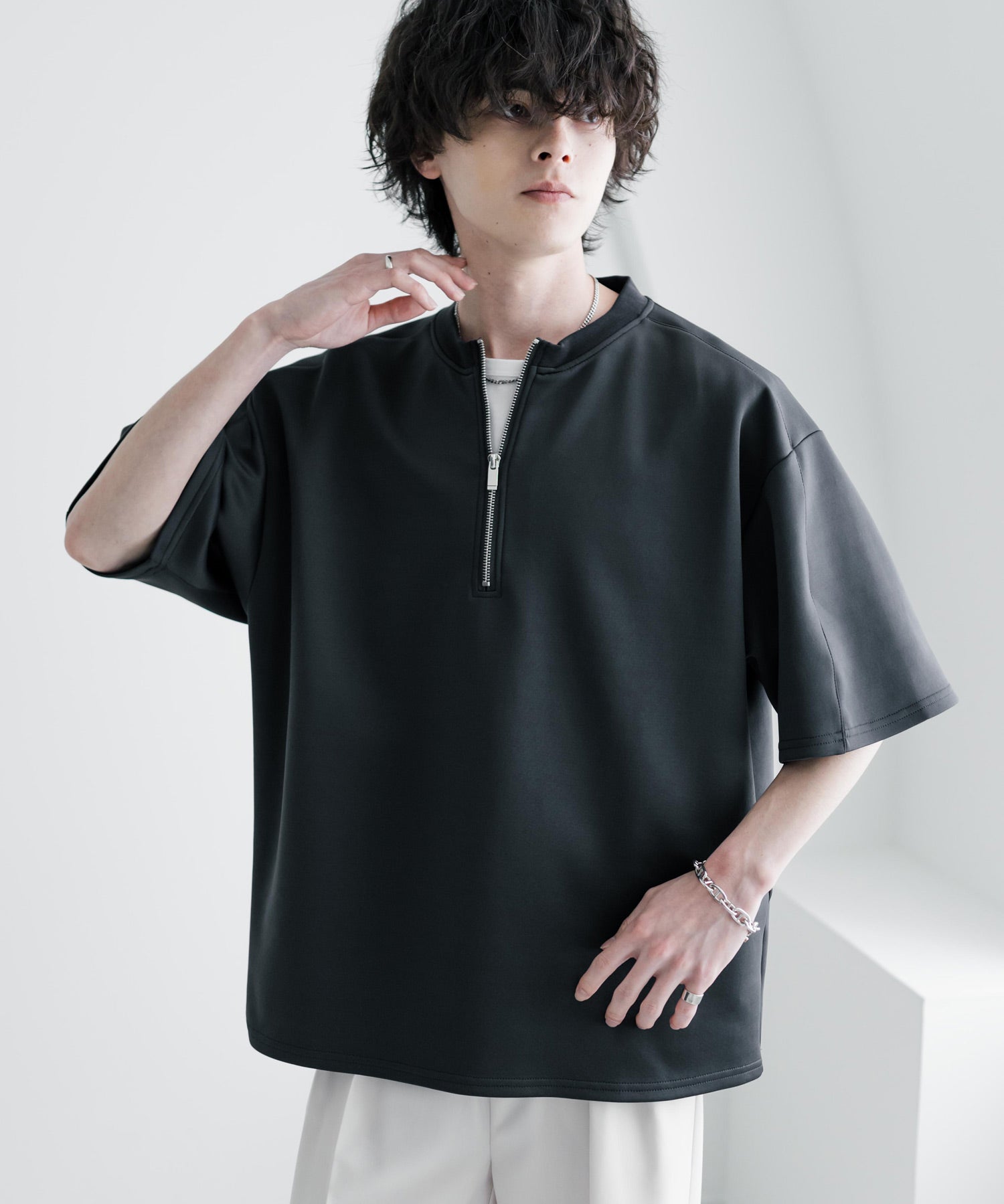 接触冷感 オーバーサイズダンボールハーフジップ半袖プルオーバーTシャツ 15624