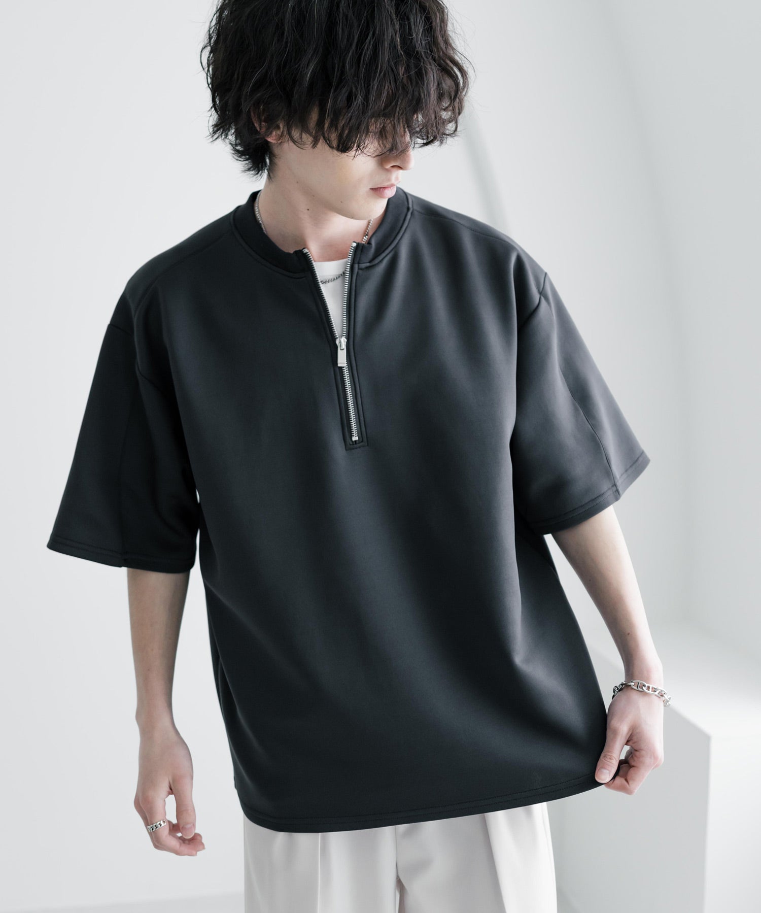 接触冷感 オーバーサイズダンボールハーフジップ半袖プルオーバーTシャツ 15624