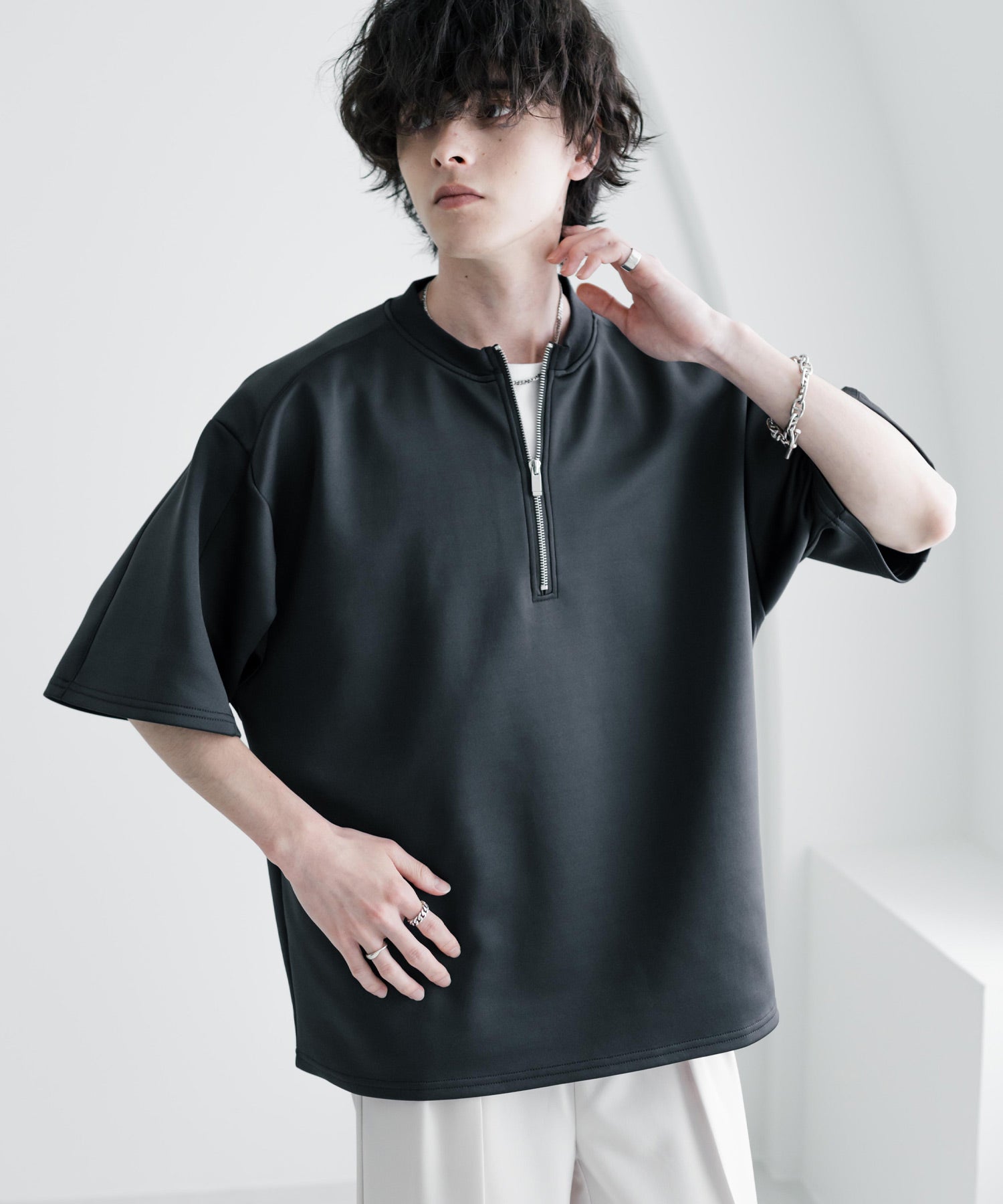 FOURBARS ヴィンテージ　黒 半袖プルオーバー　ハーフジップ　レザーシャツ CLEL（クレイル） tシャツ 「CLEL」Half Zip Design Half Sleeve