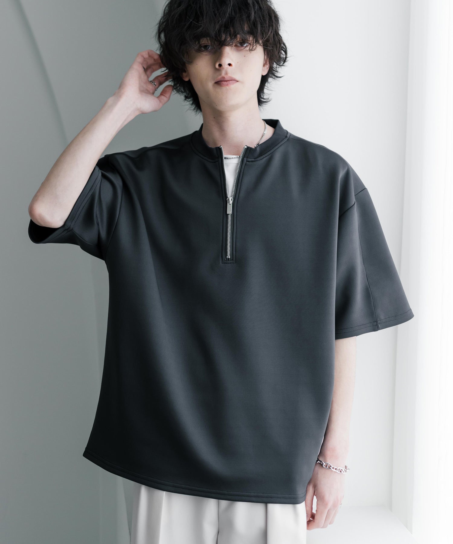 接触冷感 オーバーサイズダンボールハーフジップ半袖プルオーバーTシャツ 15624