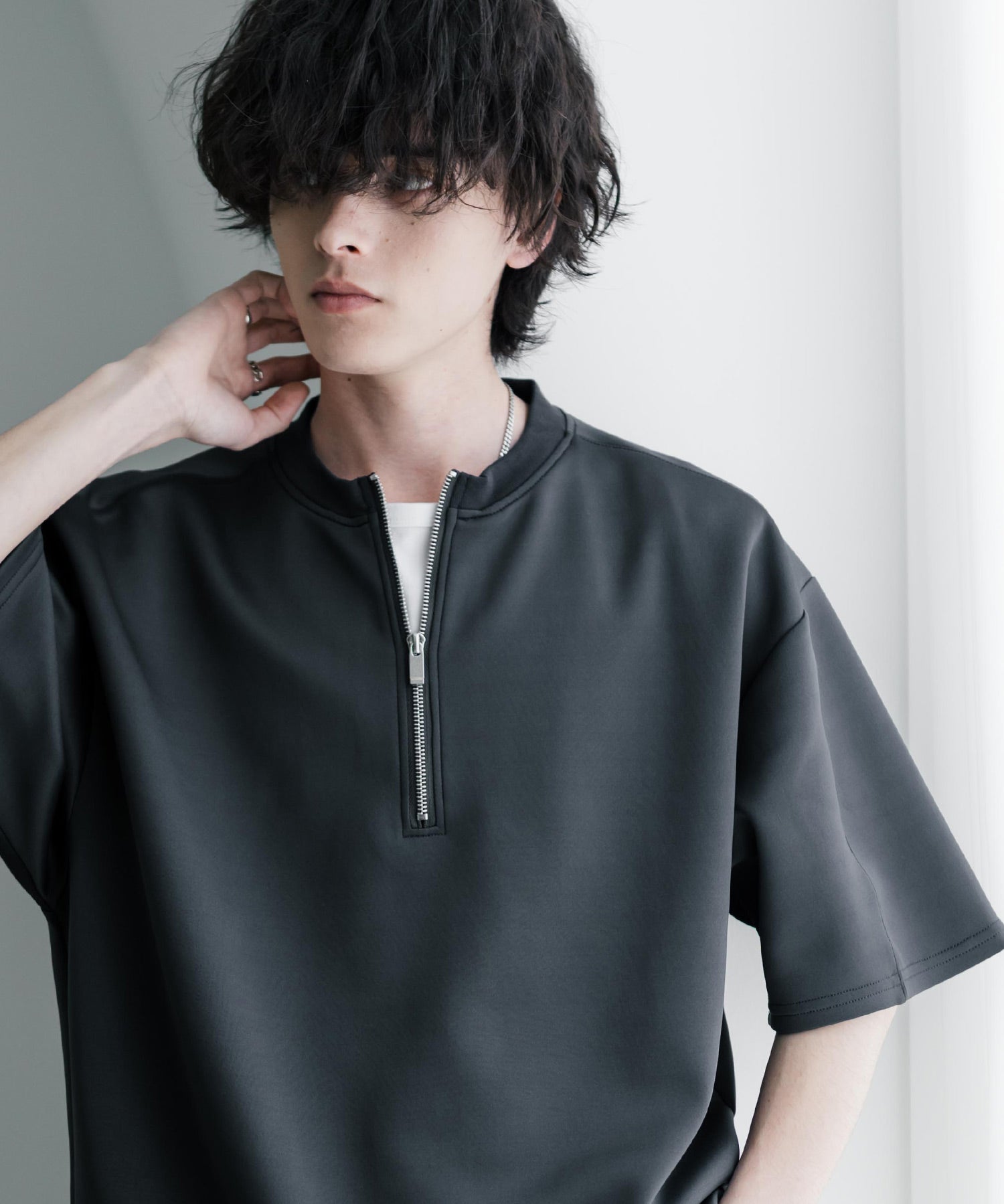 接触冷感 オーバーサイズダンボールハーフジップ半袖プルオーバーTシャツ 15624