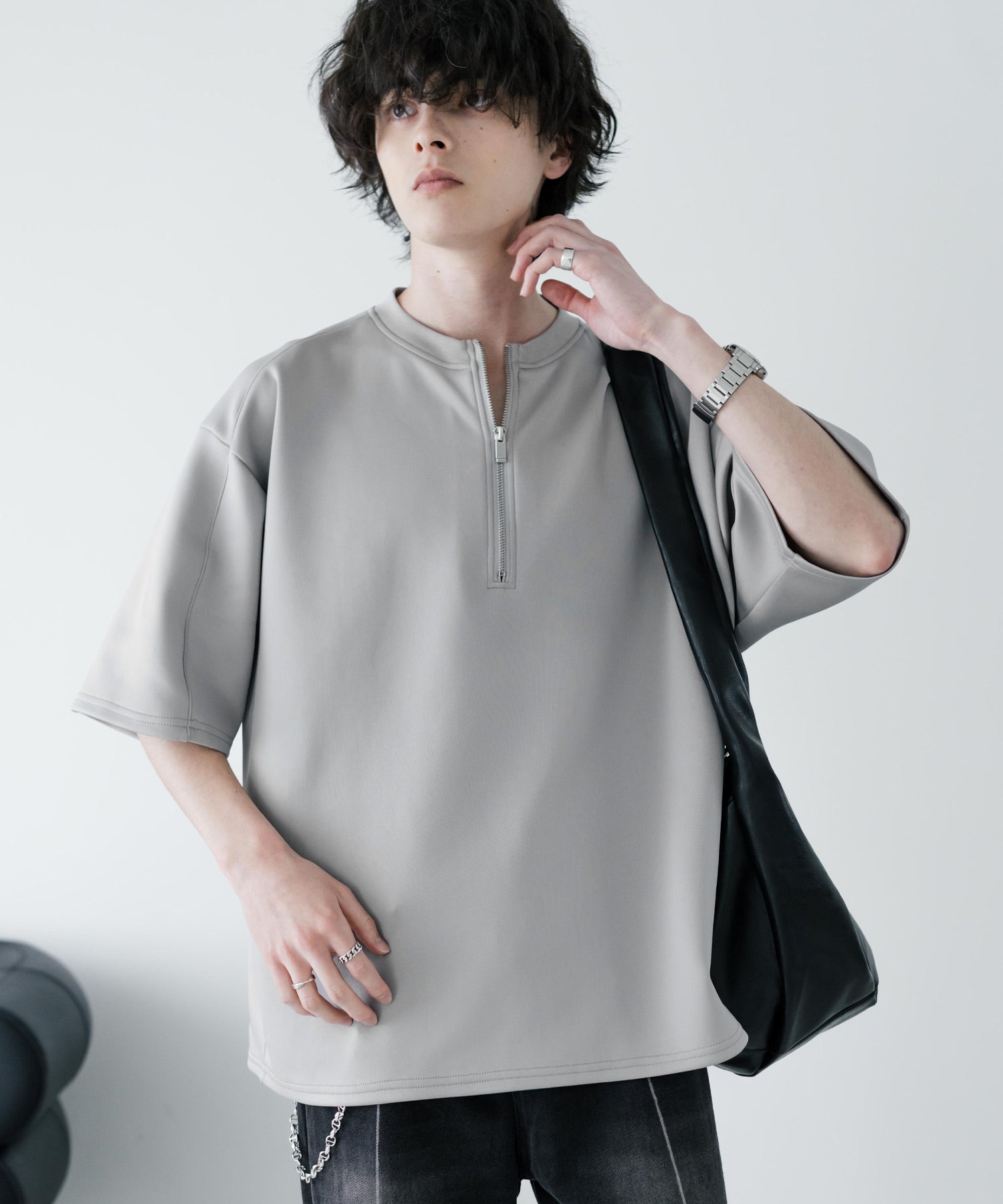 接触冷感 オーバーサイズダンボールハーフジップ半袖プルオーバーTシャツ 15624