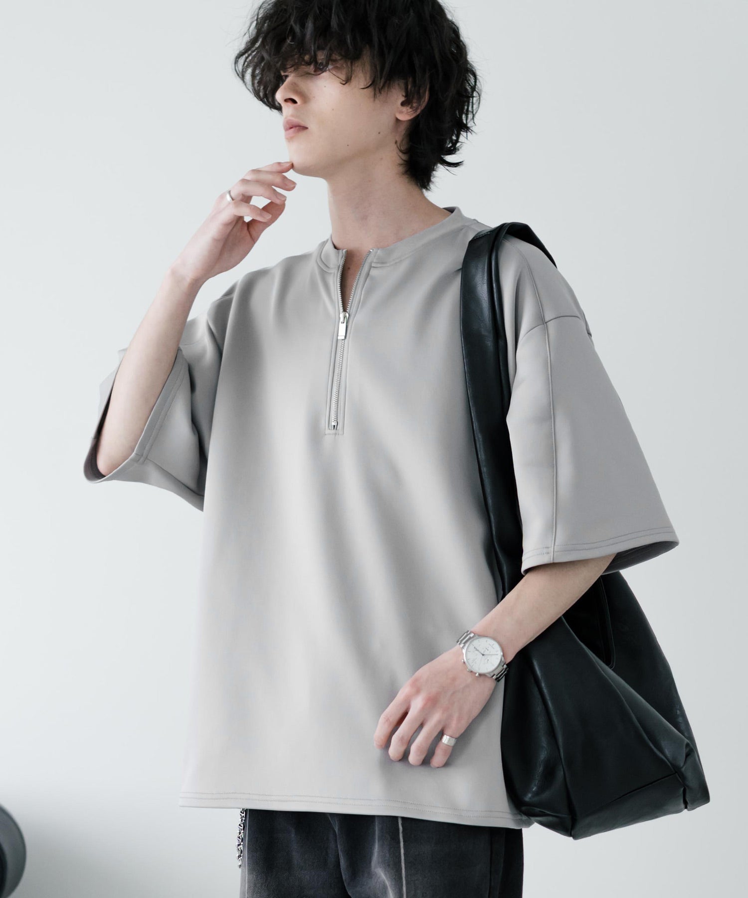 pear lygates ハーフジップシャツ 大理石柄 半袖 接触冷感 オーバーサイズダンボールハーフジップ半袖プルオーバーT