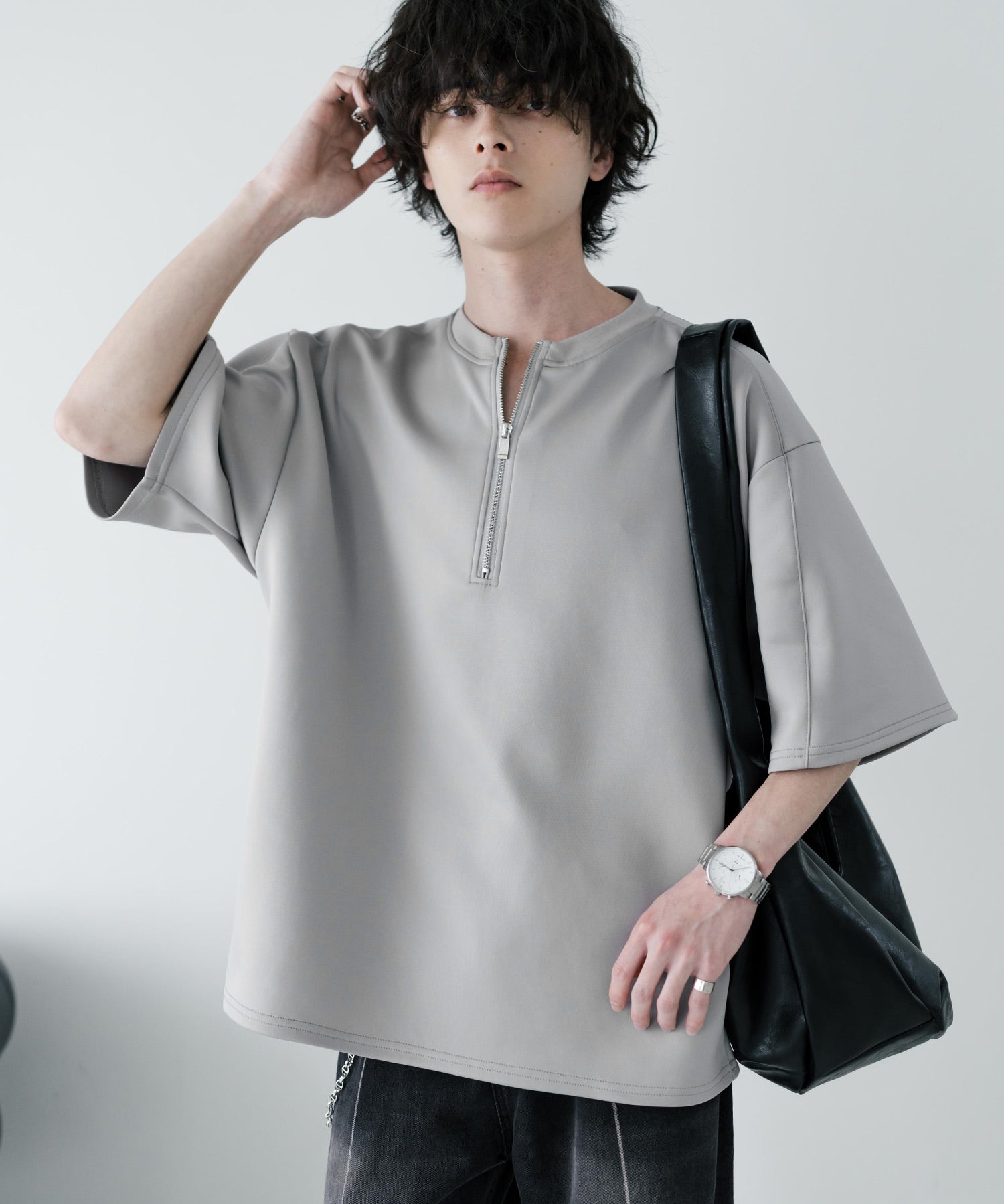 接触冷感 オーバーサイズダンボールハーフジップ半袖プルオーバーTシャツ 15624