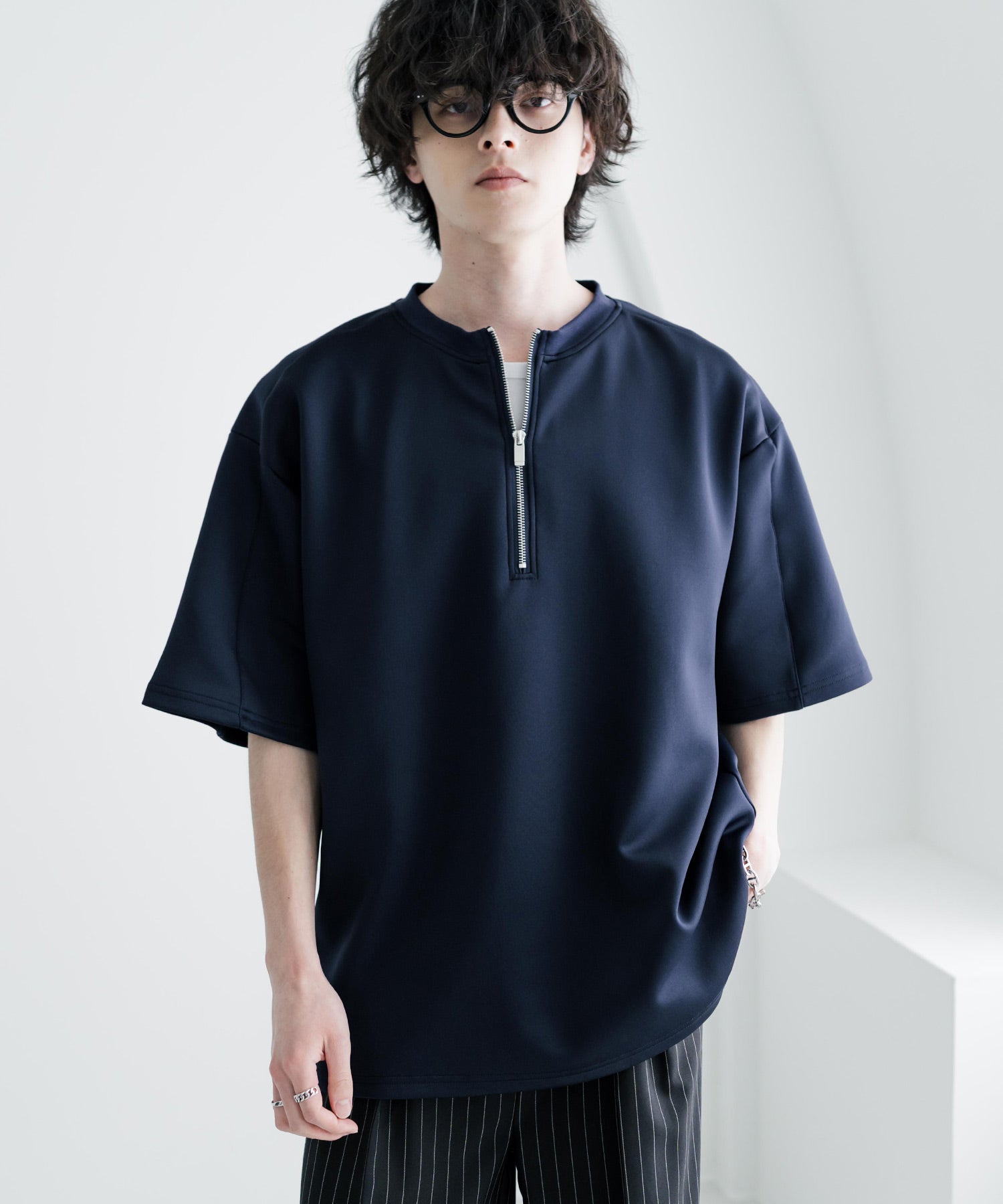 接触冷感 オーバーサイズダンボールハーフジップ半袖プルオーバーTシャツ 15624