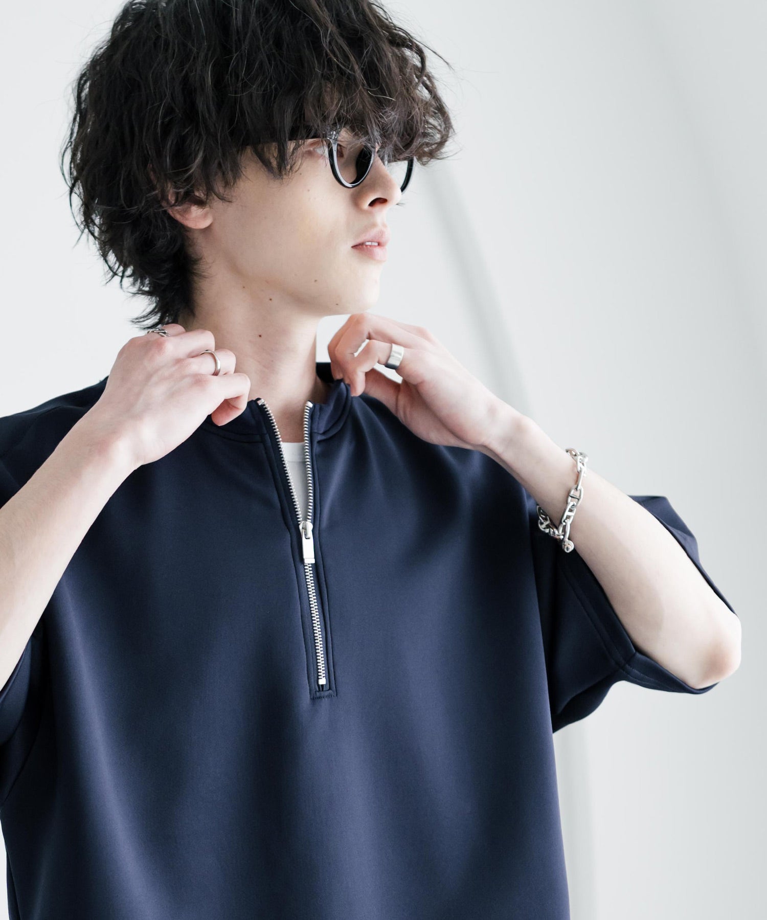 接触冷感 オーバーサイズダンボールハーフジップ半袖プルオーバーTシャツ 15624