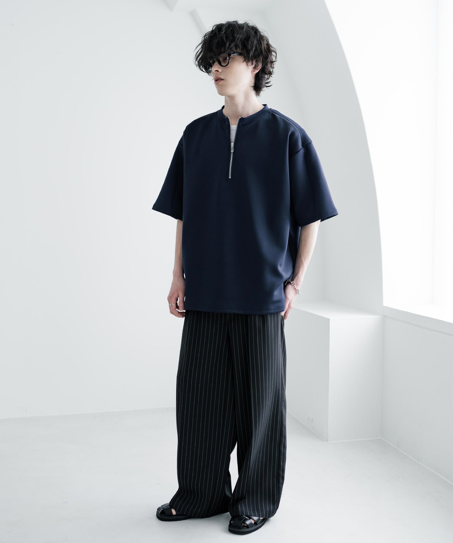 接触冷感 オーバーサイズダンボールハーフジップ半袖プルオーバーTシャツ 15624