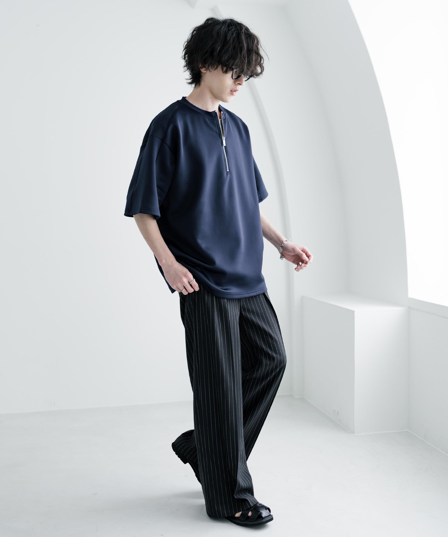 接触冷感 オーバーサイズダンボールハーフジップ半袖プルオーバーTシャツ 15624