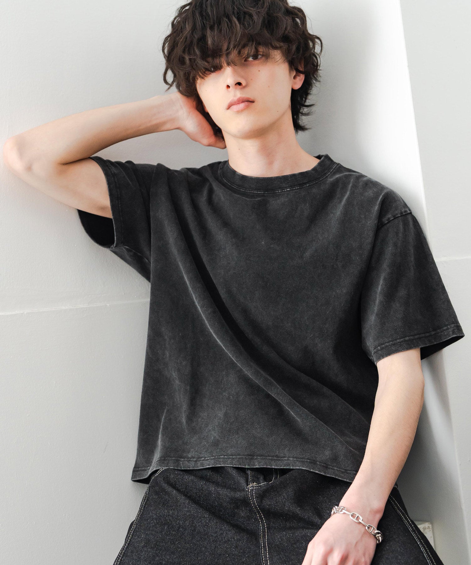 ケミカル加工 ショート丈 短丈 クロップド 半袖コットンクルーネックTシャツ 15631