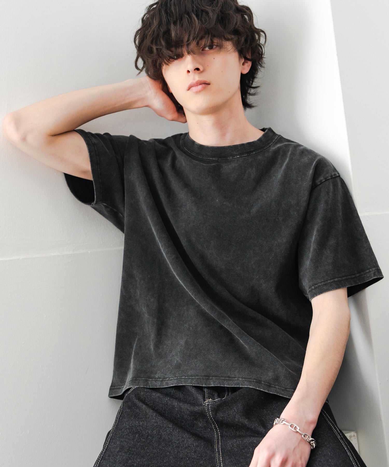 ケミカル加工 ショート丈 短丈 クロップド 半袖コットンクルーネックTシャツ 15631