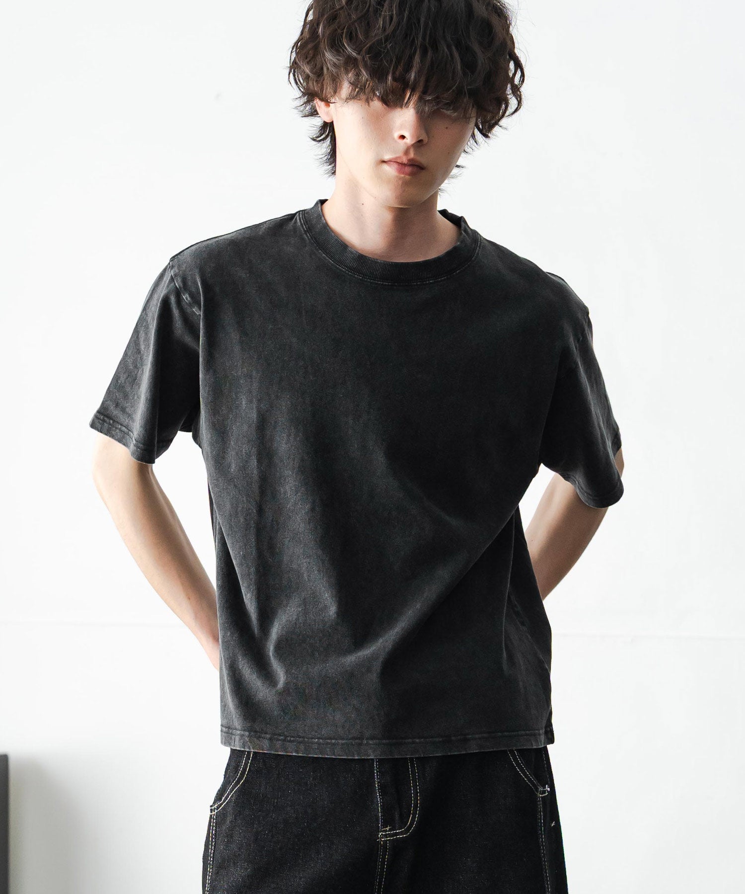 ケミカル加工 ショート丈 短丈 クロップド 半袖コットンクルーネックTシャツ 15631