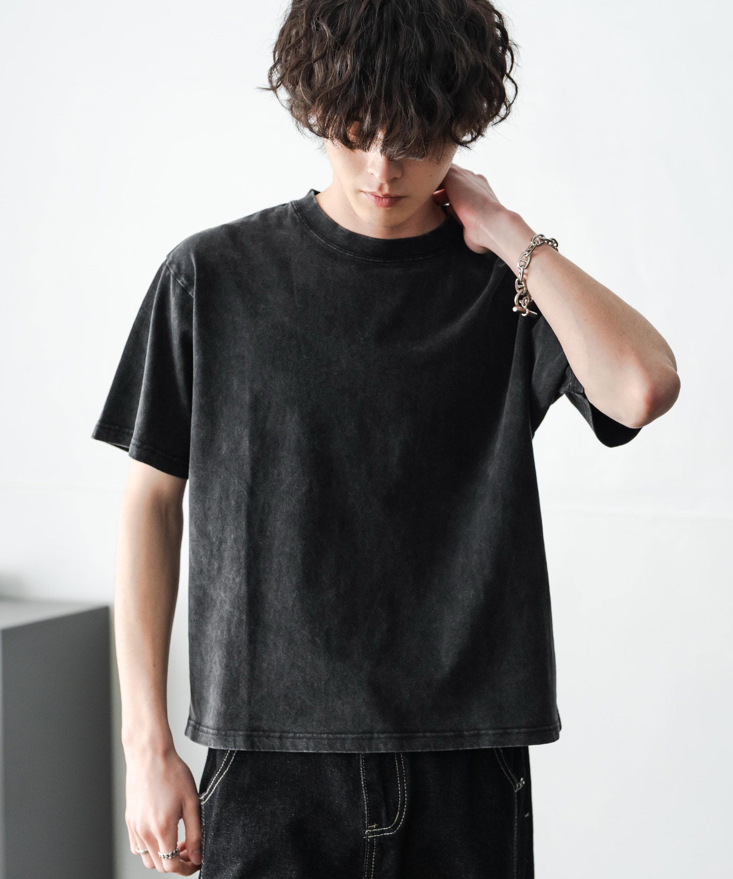 ケミカル加工 ショート丈 短丈 クロップド 半袖コットンクルーネックTシャツ 15631