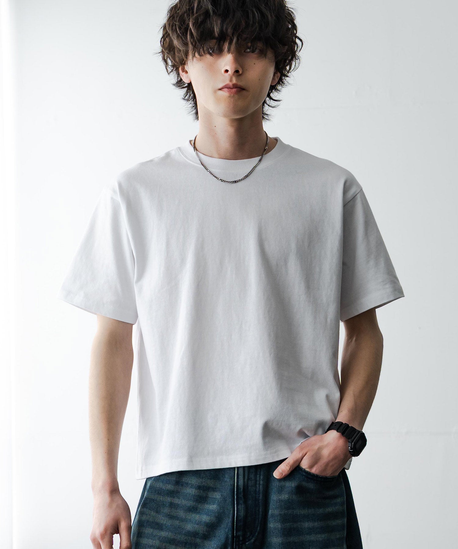 ケミカル加工 ショート丈 短丈 クロップド 半袖コットンクルーネックTシャツ 15631
