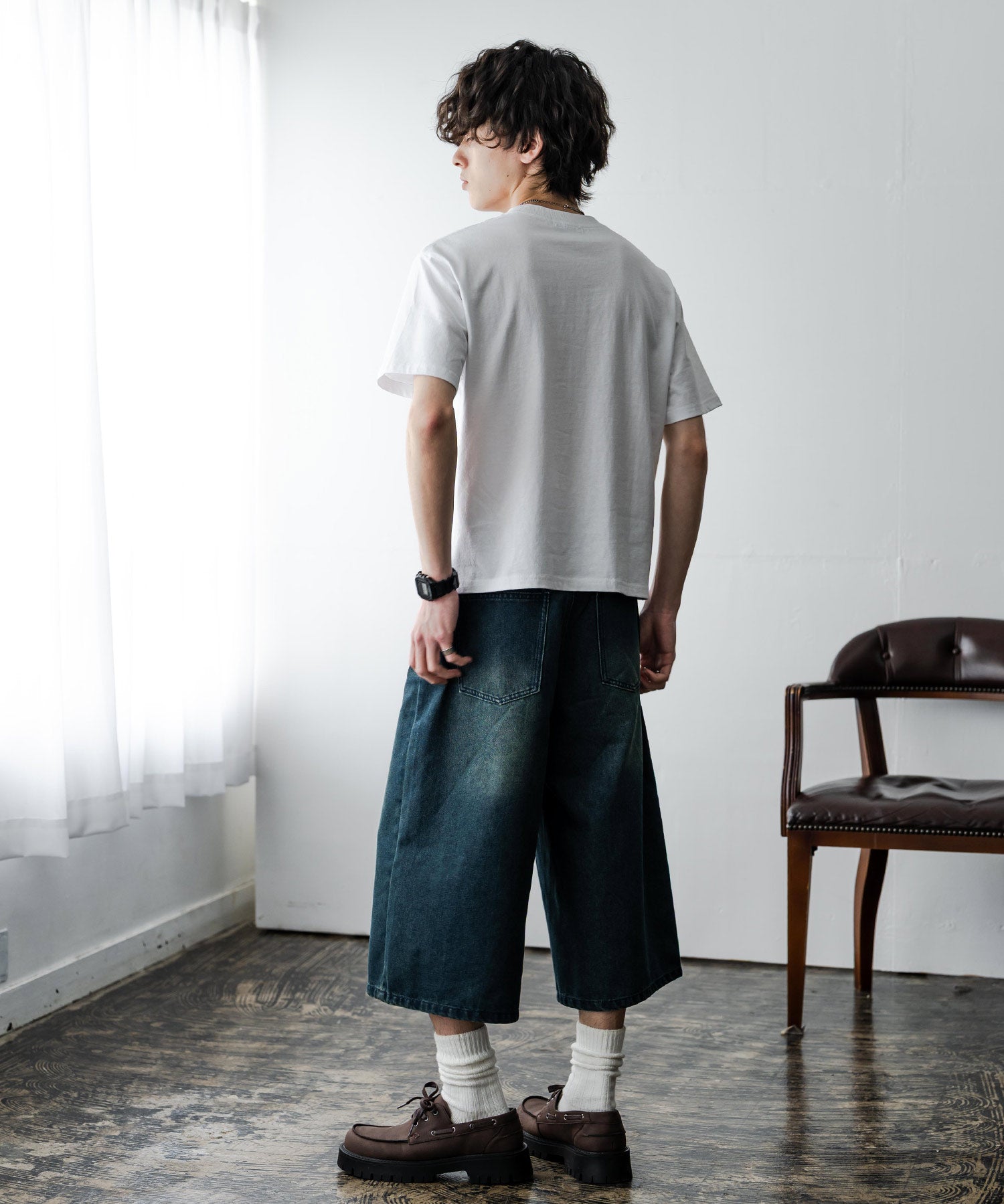 ケミカル加工 ショート丈 短丈 クロップド 半袖コットンクルーネックTシャツ 15631