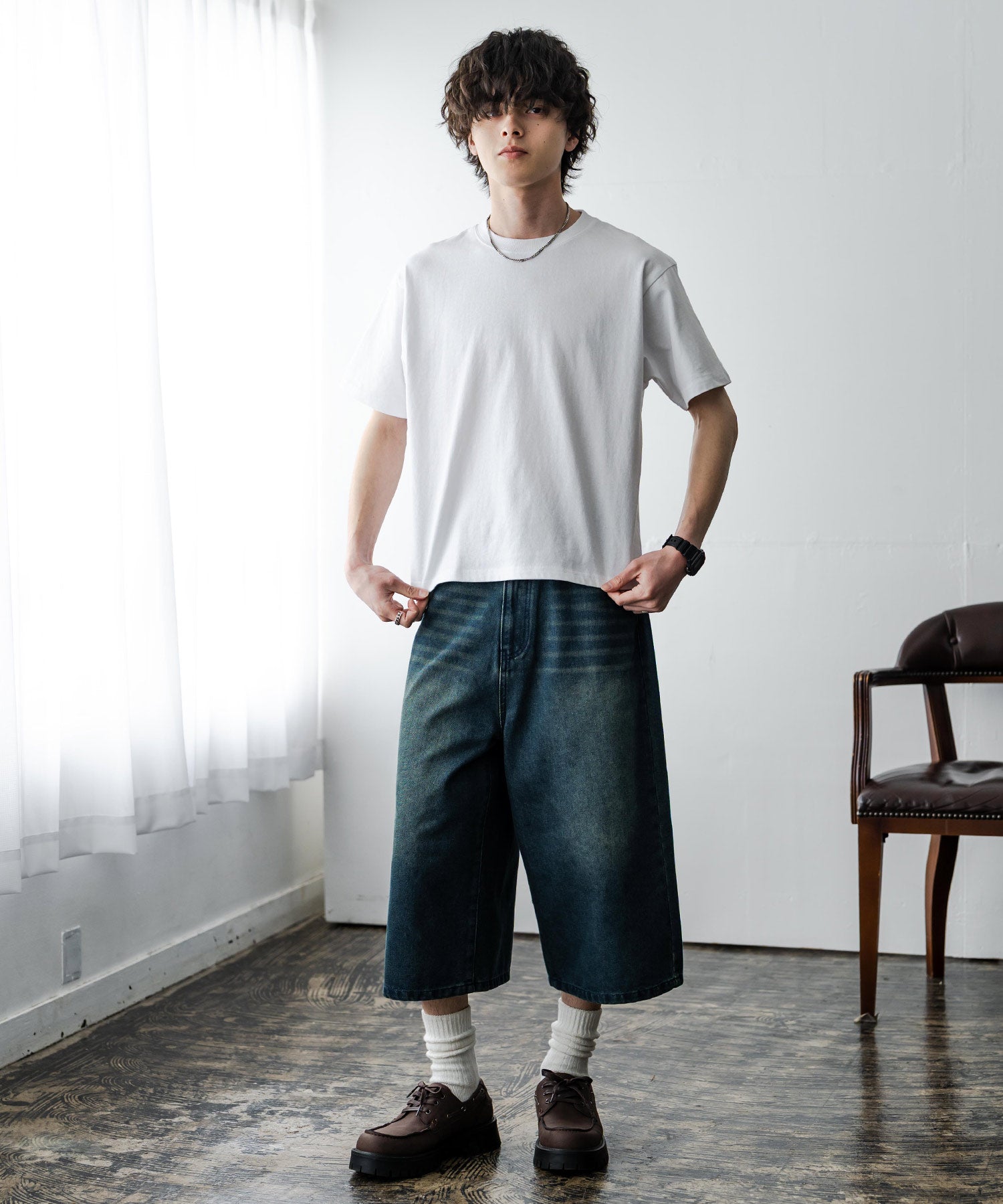 ケミカル加工 ショート丈 短丈 クロップド 半袖コットンクルーネックTシャツ 15631