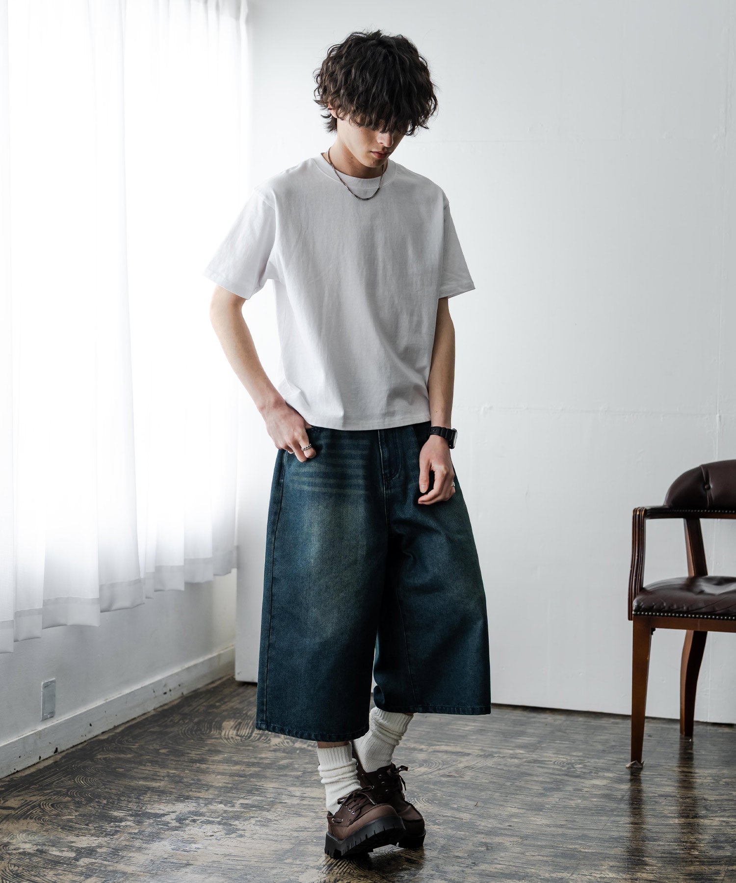 ケミカル加工 ショート丈 短丈 クロップド 半袖コットンクルーネックTシャツ 15631