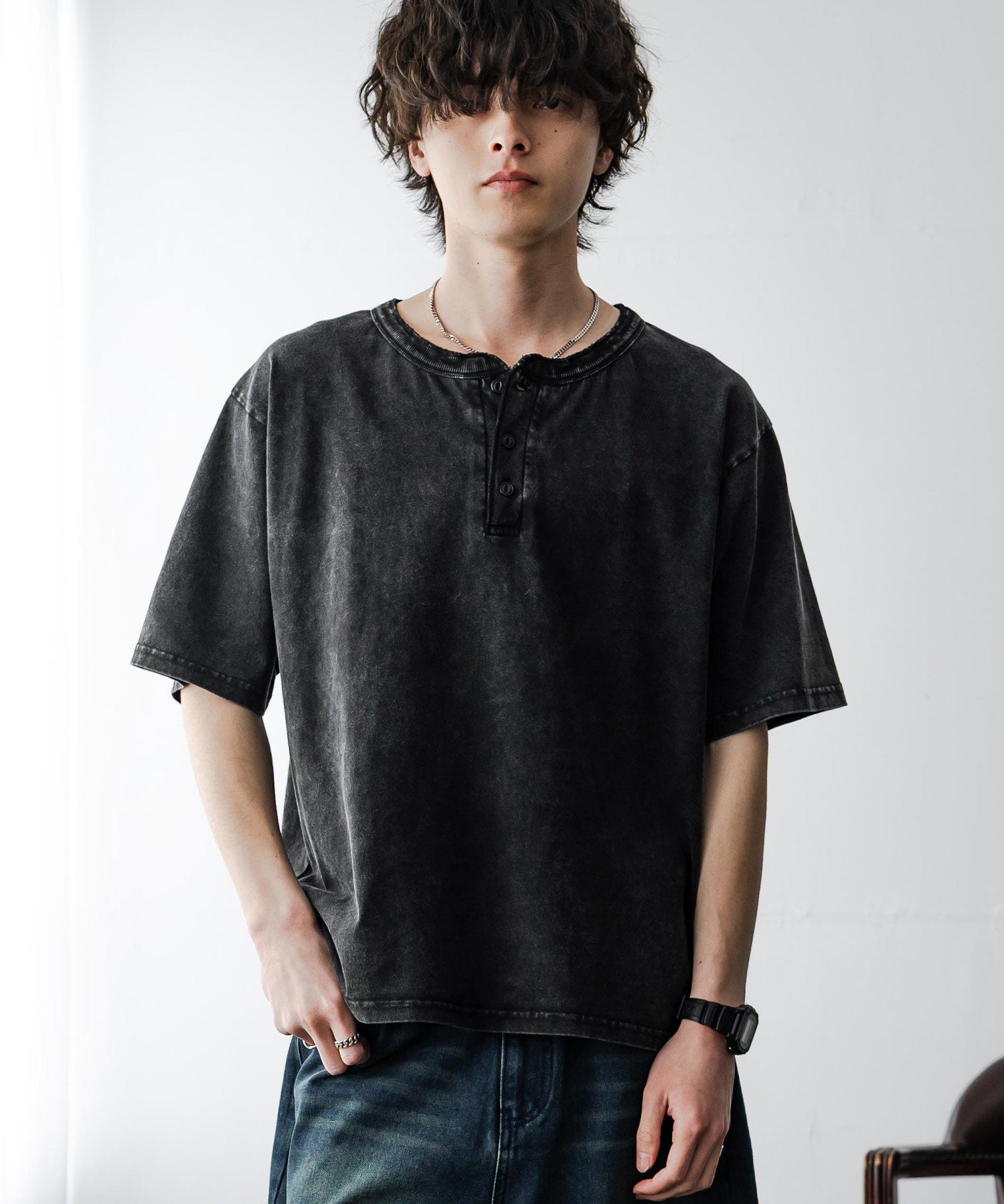 ケミカル加工 短丈 クロップド ショート丈半袖コットンヘンリーネックTシャツ 15632