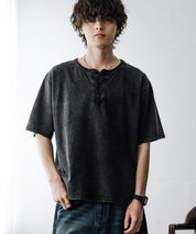 ケミカル加工 短丈 クロップド ショート丈半袖コットンヘンリーネックTシャツ 15632