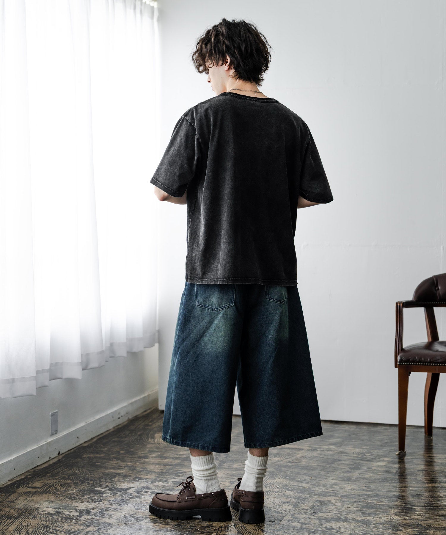 ケミカル加工 短丈 クロップド ショート丈半袖コットンヘンリーネックTシャツ 15632
