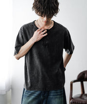 ケミカル加工 短丈 クロップド ショート丈半袖コットンヘンリーネックTシャツ 15632