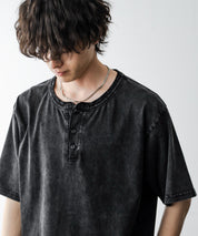 ケミカル加工 短丈 クロップド ショート丈半袖コットンヘンリーネックTシャツ 15632