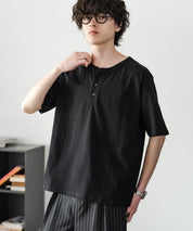 ケミカル加工 短丈 クロップド ショート丈半袖コットンヘンリーネックTシャツ 15632