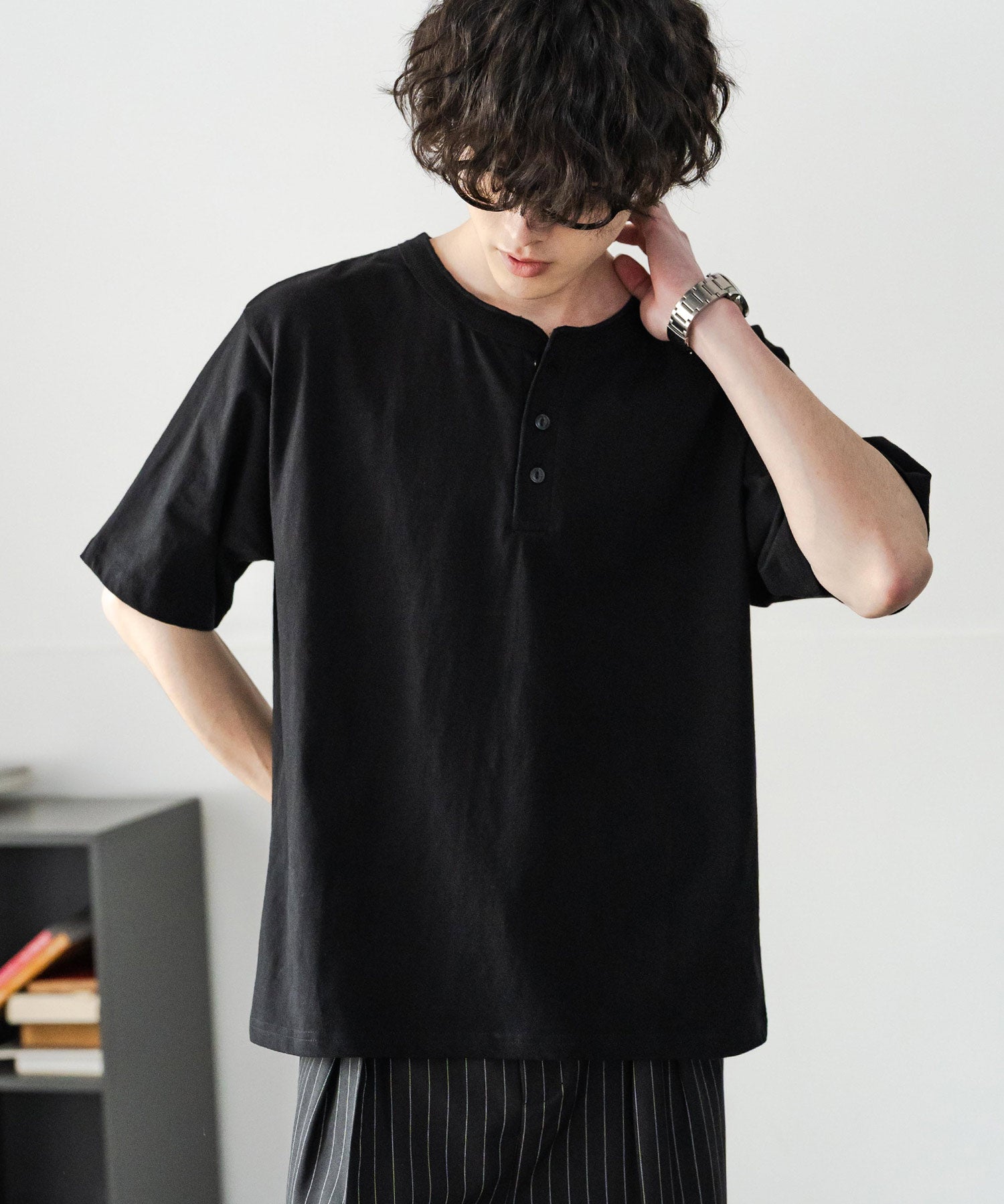 ケミカル加工 短丈 クロップド ショート丈半袖コットンヘンリーネックTシャツ 15632