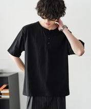 ケミカル加工 短丈 クロップド ショート丈半袖コットンヘンリーネックTシャツ 15632
