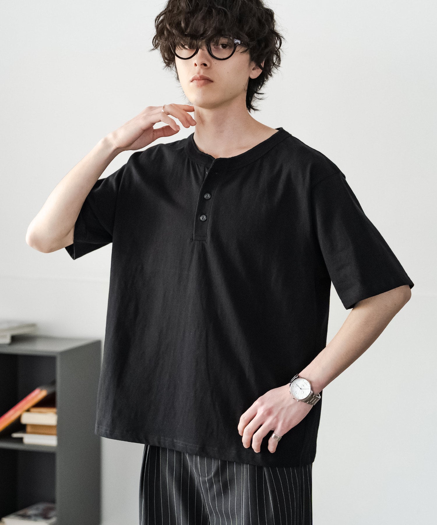ケミカル加工 短丈 クロップド ショート丈半袖コットンヘンリーネックTシャツ 15632