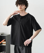 ケミカル加工 短丈 クロップド ショート丈半袖コットンヘンリーネックTシャツ 15632
