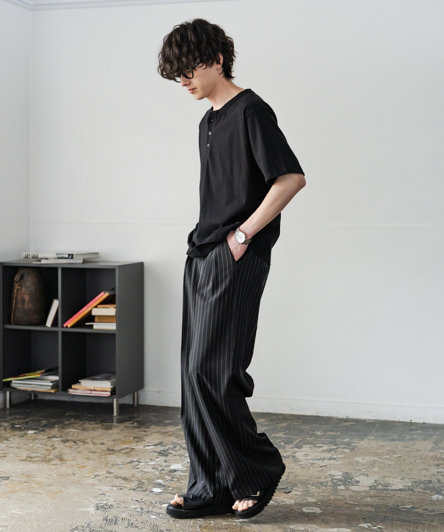 ケミカル加工 短丈 クロップド ショート丈半袖コットンヘンリーネックTシャツ 15632