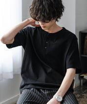 ケミカル加工 短丈 クロップド ショート丈半袖コットンヘンリーネックTシャツ 15632