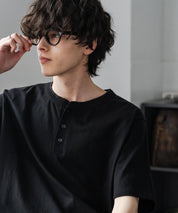 ケミカル加工 短丈 クロップド ショート丈半袖コットンヘンリーネックTシャツ 15632