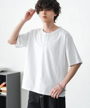 ケミカル加工 短丈 クロップド ショート丈半袖コットンヘンリーネックTシャツ 15632