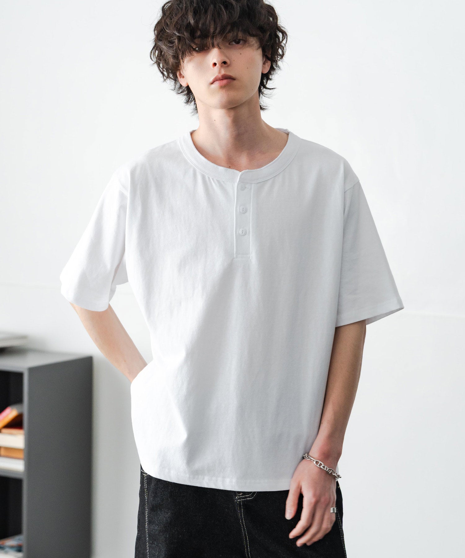 ケミカル加工 短丈 クロップド ショート丈半袖コットンヘンリーネックTシャツ 15632