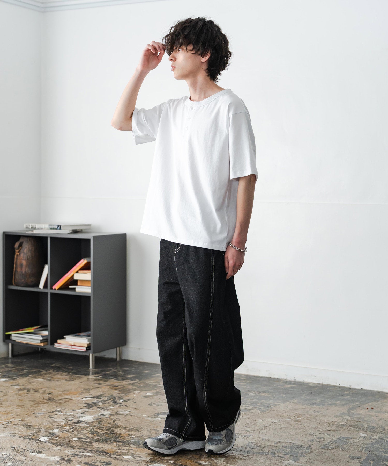ケミカル加工 短丈 クロップド ショート丈半袖コットンヘンリーネックTシャツ 15632