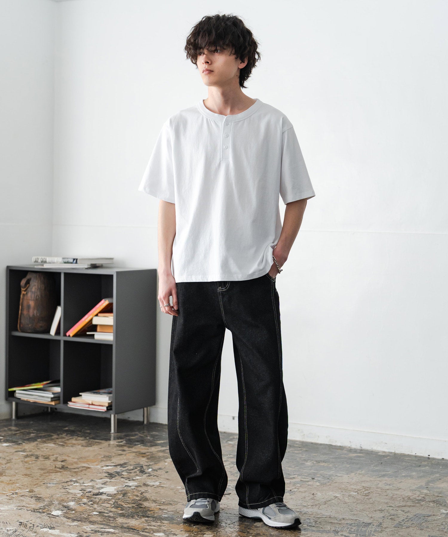 ケミカル加工 短丈 クロップド ショート丈半袖コットンヘンリーネックTシャツ 15632