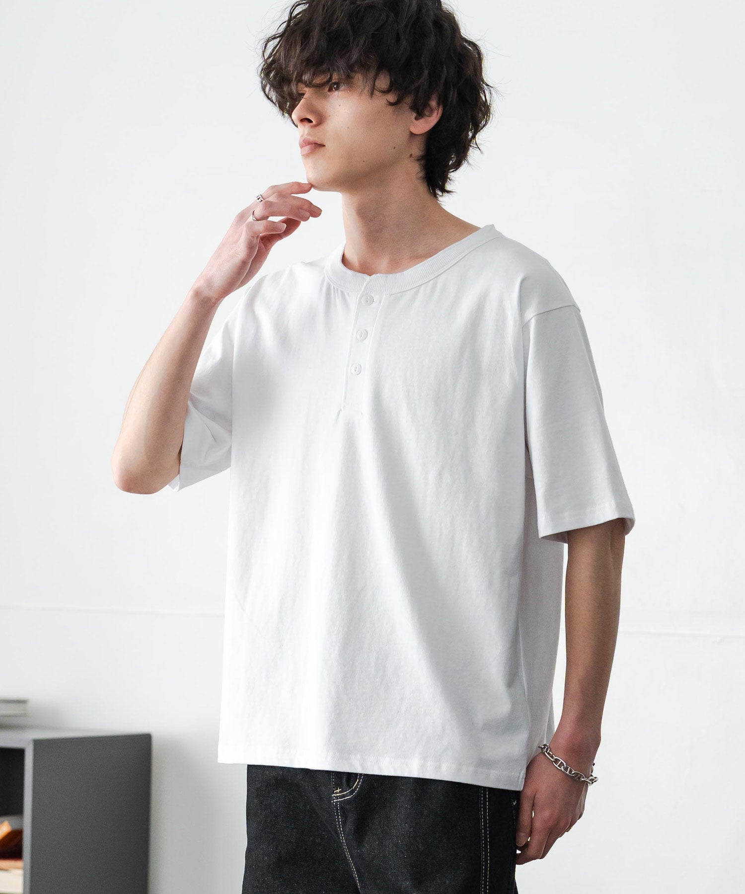 ケミカル加工 短丈 クロップド ショート丈半袖コットンヘンリーネックTシャツ 15632