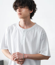 ケミカル加工 短丈 クロップド ショート丈半袖コットンヘンリーネックTシャツ 15632