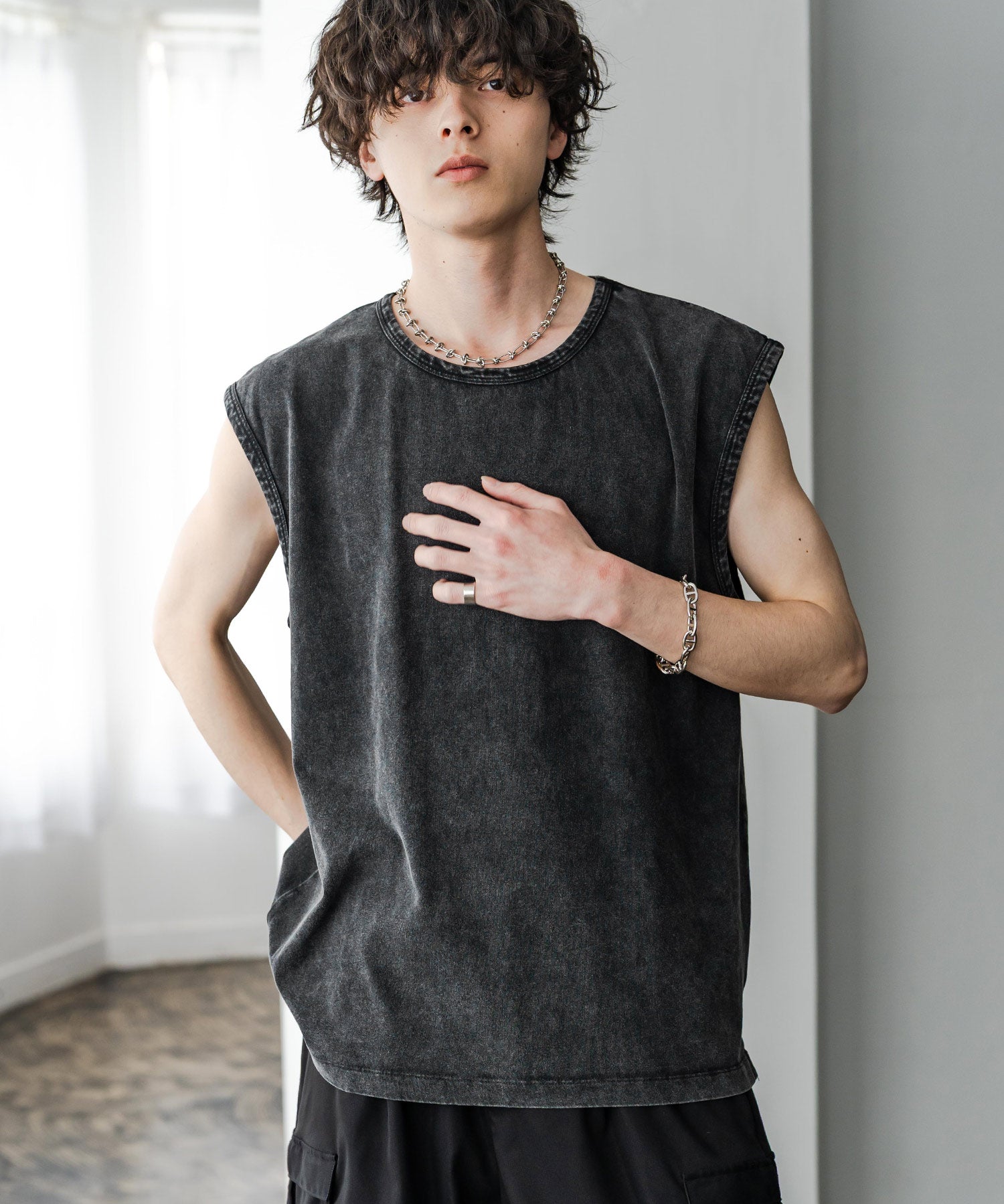 ケミカル加工 コットンノースリーブTシャツ/タンクトップ 15633