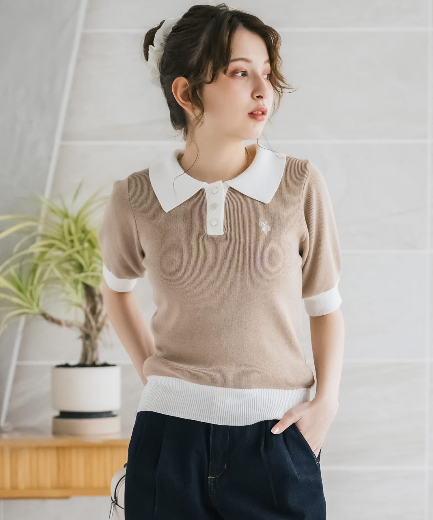 U.S. POLO ASSN. ユーエスポロアッスン W's ワンポイントロゴ刺繍バイカラー半袖ニットポロシャツ 無地/ボーダー 15636